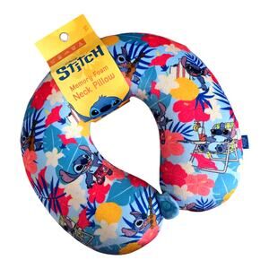 Disney Stitch Memory Foam Travel Neck Pillow Blue Floral U-Shaped Car Airplane